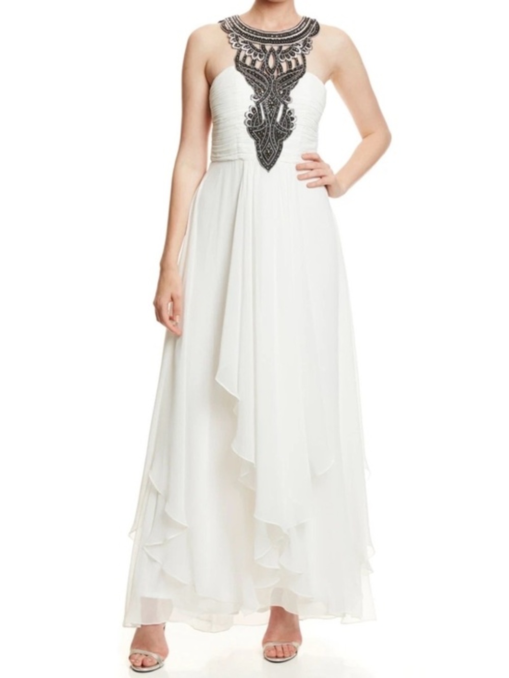 Sue Wong Nocturne Ivory Layered Chiffon Necklace Formal Gown Size 6